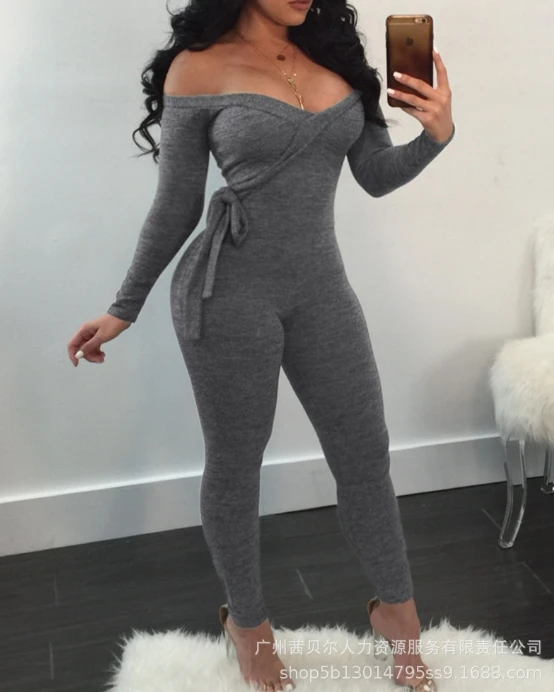 2024 New Autumn and Winter Women's Jumpsuit Sexy Deep V Lace Up Long Sleeved High Waisted Tight Off The Shoulder Jumpsuit