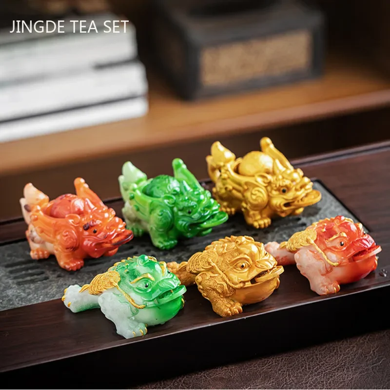 1PCS Chinese Resin Discolored Tea Pet Lucky Cute Golden Toad Ornaments Desktop Handmade Crafts Home Tea Set Decoration Gifts tea pet ornaments
