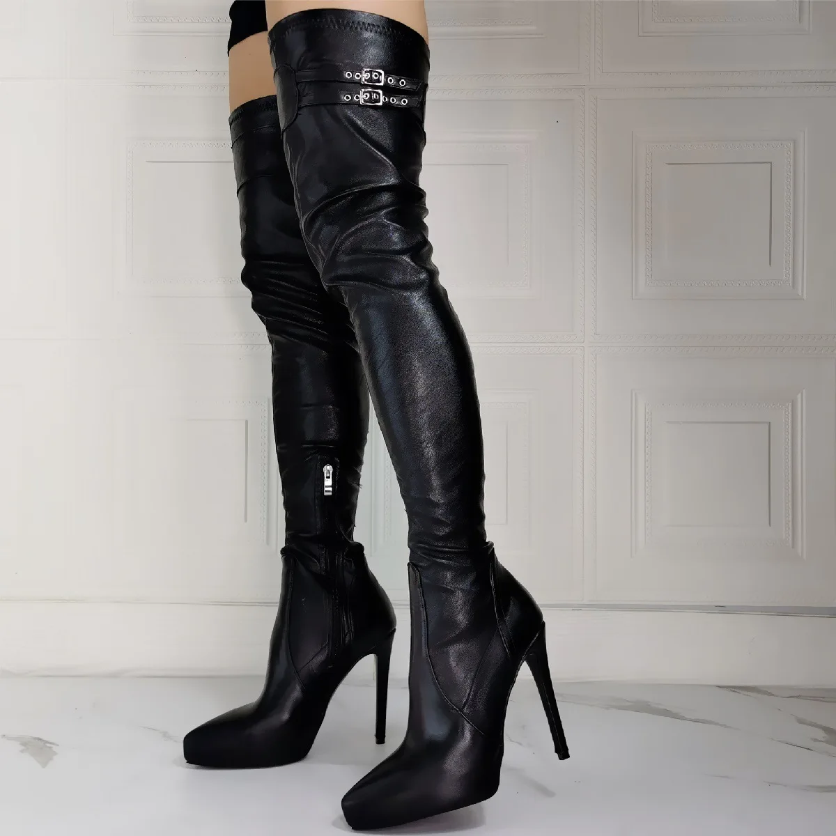 

Autumn And Winter New Pointed Toe Stiletto High Heeled Platform Elastic Over The Knee Boots Side Zipper Large Size Women's Shoes