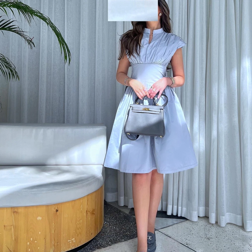 

Qcenkern High Neck A-Line Evening Formal Saudi Arabia Satin Cap Sleeves Sky Blue Party Dresses Gowns Women Robes de Soirée 2023
