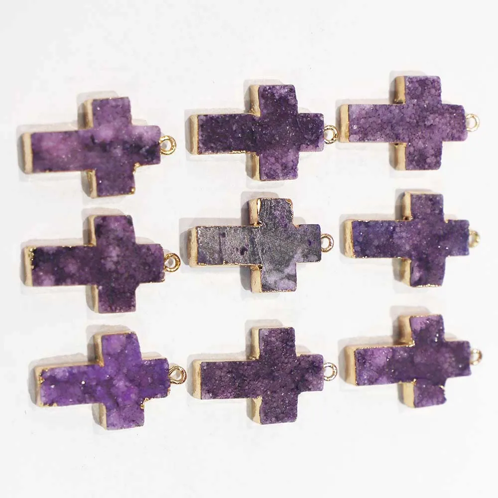Natural Stone Single Hole Purple Agate Cross Edge Necklace Pendant Unisex DIY Jewelry Making Gift Accessories Wholesale 5Pcs/Lot