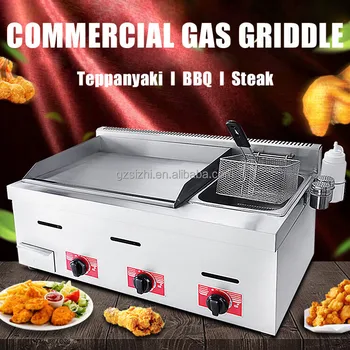 Professional Stainless Steel Teppanyaki Grill, Commercial Gas BBQ Griddle with Fryer, 304 SS Heavy for Restaurant/Home Use