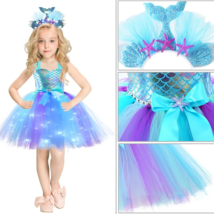 

Платье принцессы для девочек, светодиодное освещение под морем, платье-пачка с маленькой юбкой-годе, декор для вечевечерние, Детский костюм для девочек