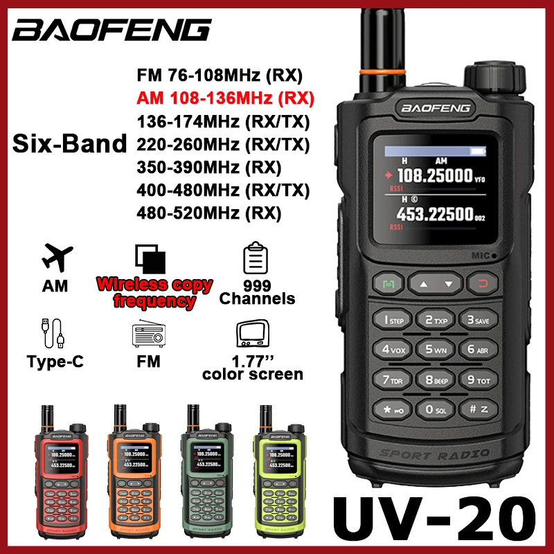Baofeng UV-20 talkie-walkie pleine bande AM FM fréquence de copie sans fil type-c 999CH VHF UHF longue portée jambon 2 voies Radio UV-G30 Pro V1