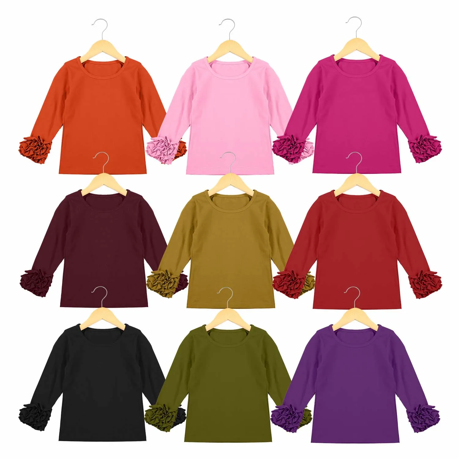 

Hot Sale Multiple Colors Kids Baby Girls Children Blank Plain Cheap Icing Ruffle Sleeve T-shirts Top