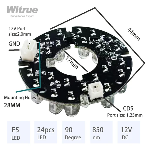 Witrue IR LED 보드, 감시 보안 카메라용 CCTV 액세서리, 24 그레인, 850nm, 90 도 직경 44mm 2