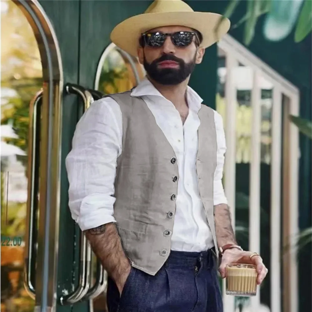Men vest sleeveless summer linen slim fit button suits waistcoat formal wedding dress gilet dress vests