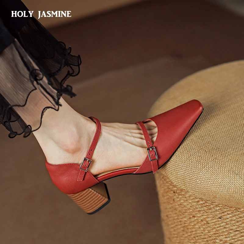 

NEW Summer/Spring Women Shoes Square Toe Thin Heel Sandals Solid High Heels Elegant Genuine Leather Shoes for Women Party Shoes