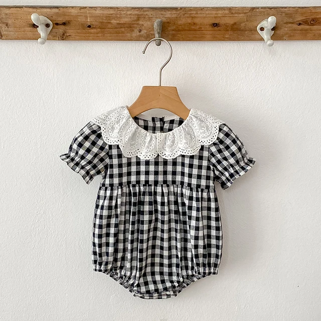 Fashion Clothing Summer Girls Jumpsuits Toddler Infant Baby Girl Short Sleeve Doll Collar Plaid Button Romper Jumpsuit Outfit 1