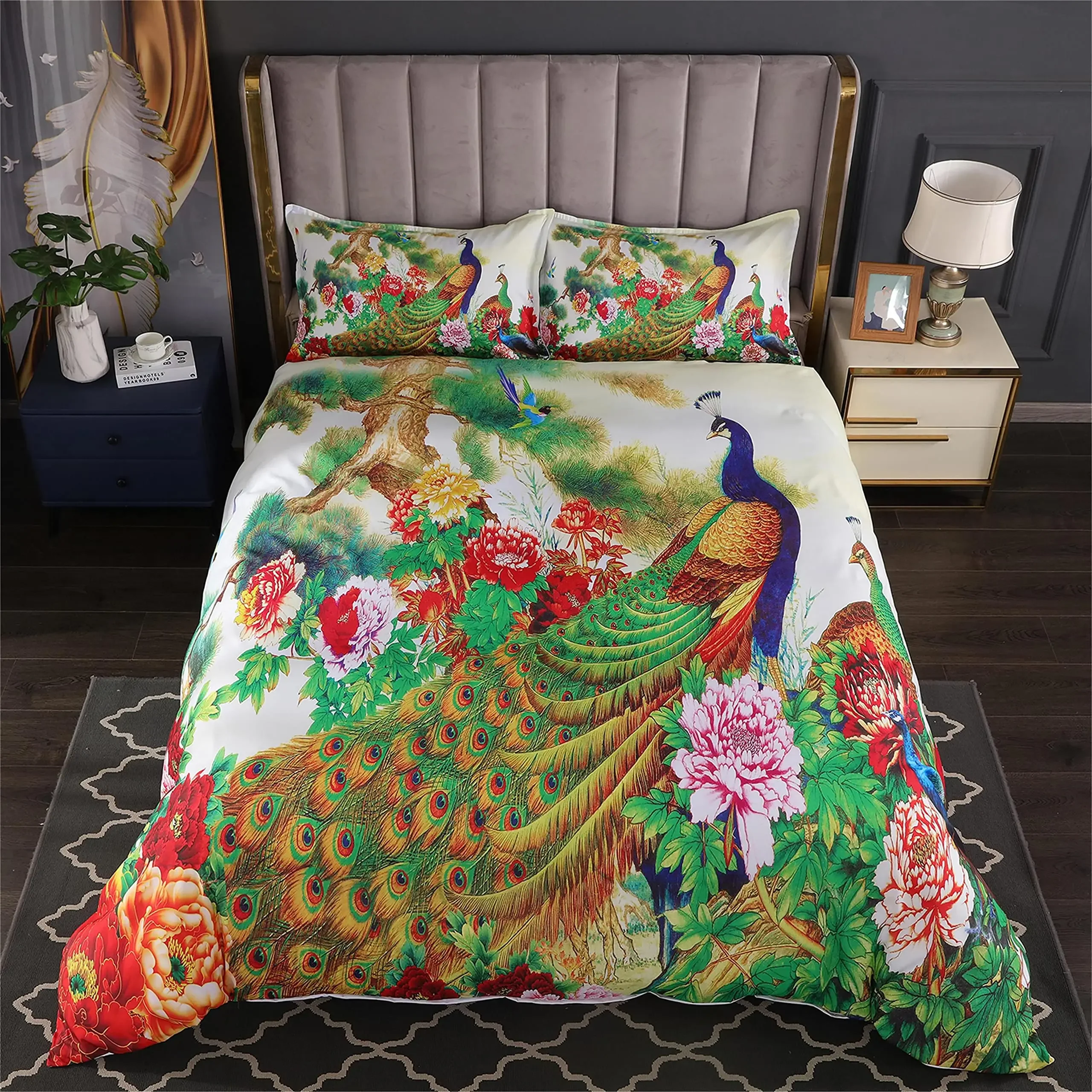 Peacock Duvet Cover Set King Size Floral Pattern Bedding Set Retro Peacock Feather Floral Theme Comforter Cover Luxury Quilt Set 4