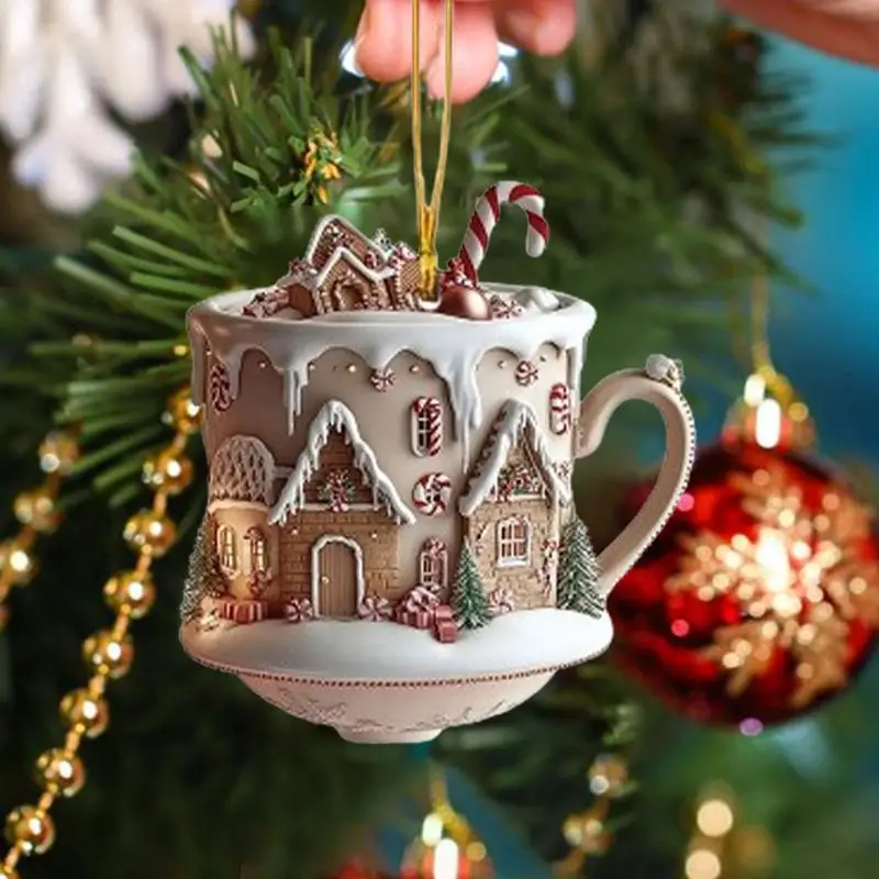 Coffee Cup Ornaments For Christmas Tree 2D Acrylic Christmas Snow Houses Chocolate Mug Pendant Tree & Car Decor