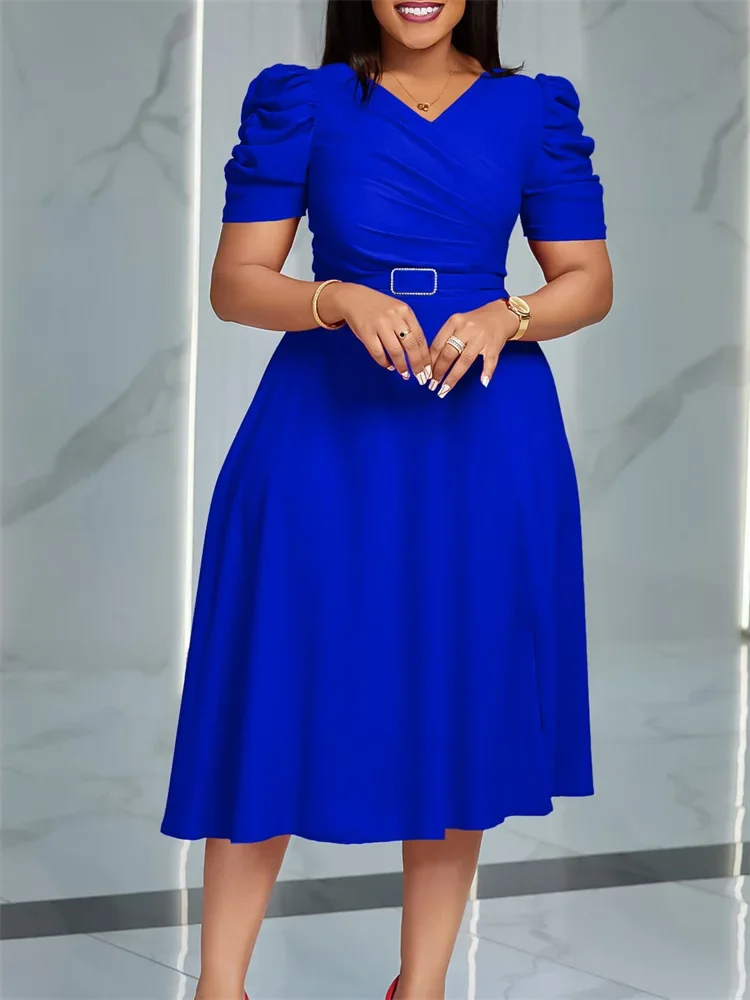 Wmstar Women Dress High Quality Summer Elegant Solid Color V Neck Short Sleeve High Waist Casual Loose Pleated Dresses Vestidos