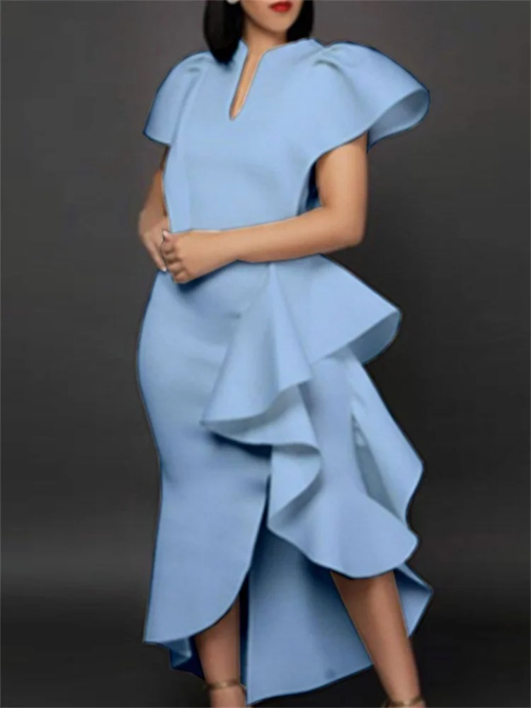 Wmstar Dresses Women Luxury Purff Sleeve V Neck Party Evening Midi Dress Flounced Edge New Summer Clothes Wholesale Dropshipping