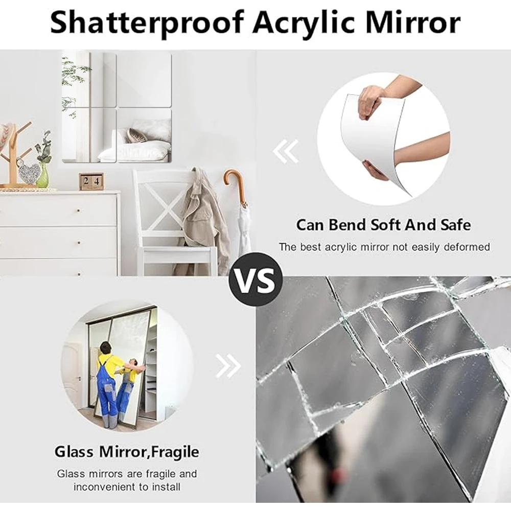 3D Mirror Wall Stickers 2/4PCS 2mm Thicken DIY Acrylic with Adhesive