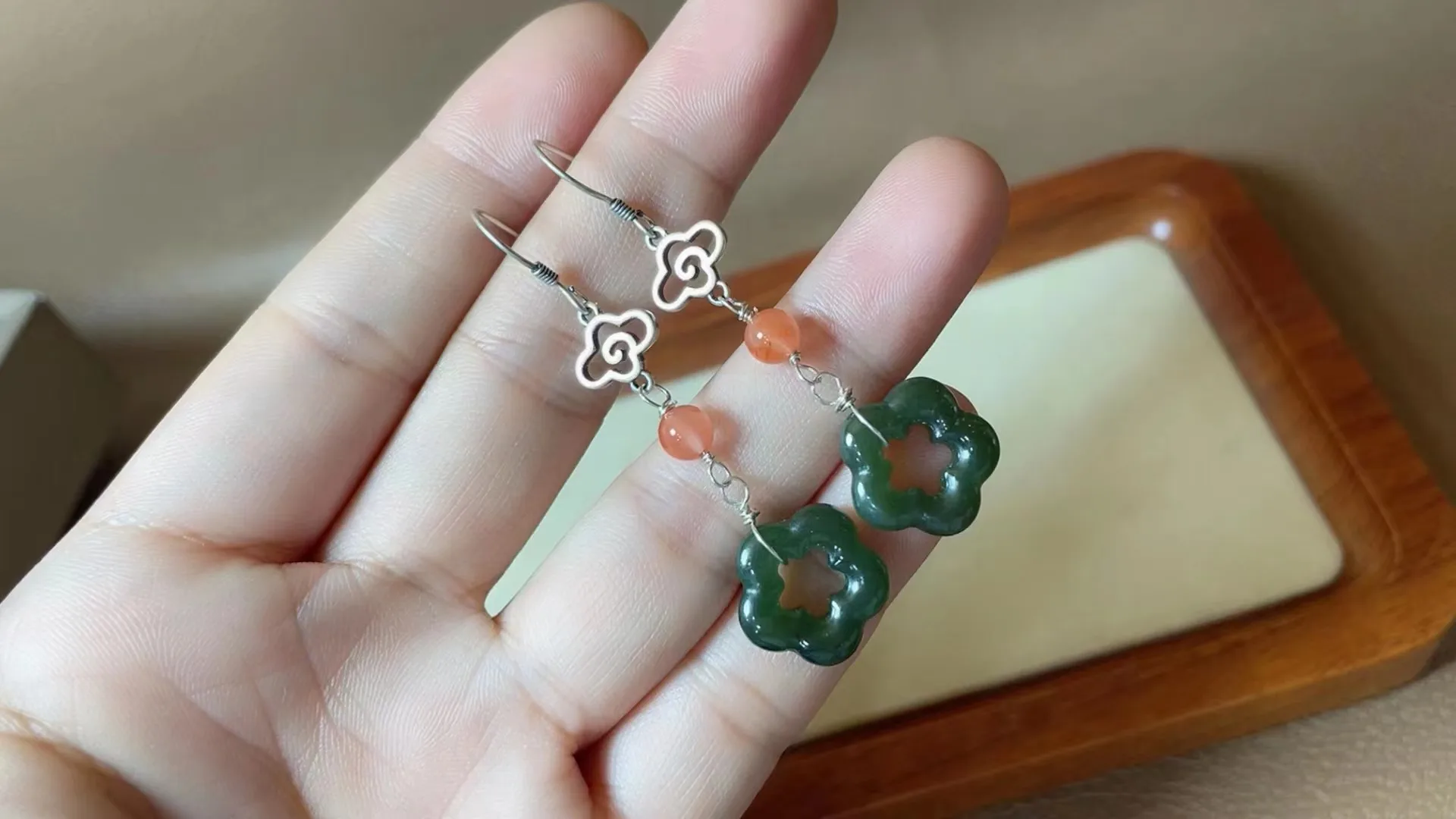 

Natural 925 sterling silver inlaid hetian jade flower Recruit wealth temperament earrings jewelry simple individuality for women