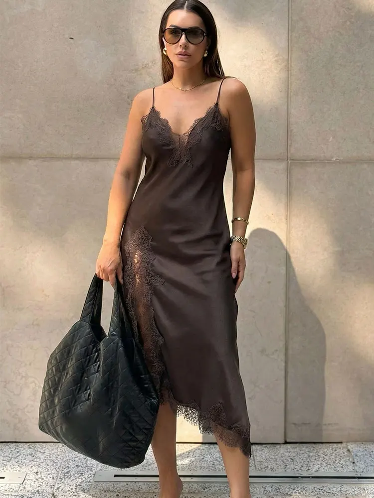 HH Women Fashion Lace Splicing Satin Texture Long Dress Sexy Backless Sleeveless Dresses Summer Lady Trend Party Evening Dress