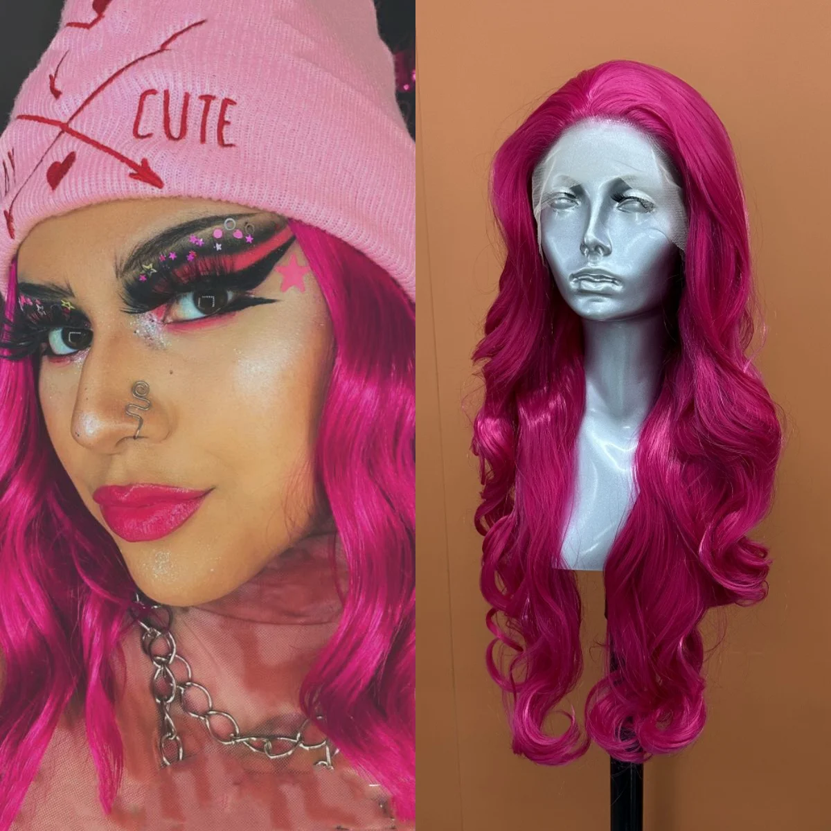 

Pink Color 30 Inch Body Wave Preplucked 13x4 Synthetic Lace Front Glueless Drag Queen Cosplay Wig For Women Prom Hairstyles 180%