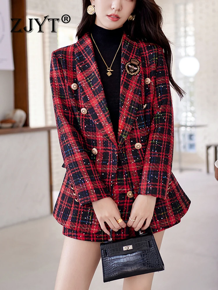

ZJYT Elegant Plaid Tweed Blazer Shorts Suits Autumn Winter Outfits for Women 2 Piece Business Chic Office Matching Set Plus Size
