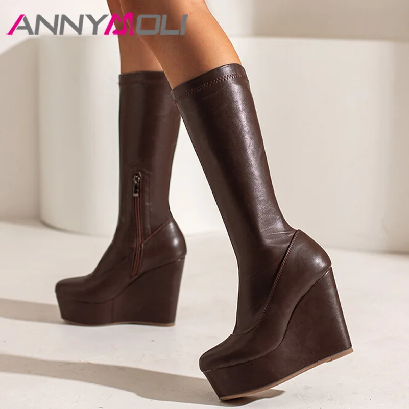 

ANNYMOLI Women Pu Leather Strech Boots Mid Calf Boots Platform Wedges Round Toe Booties Zipper Sexy Winter Autumn Shoes Black