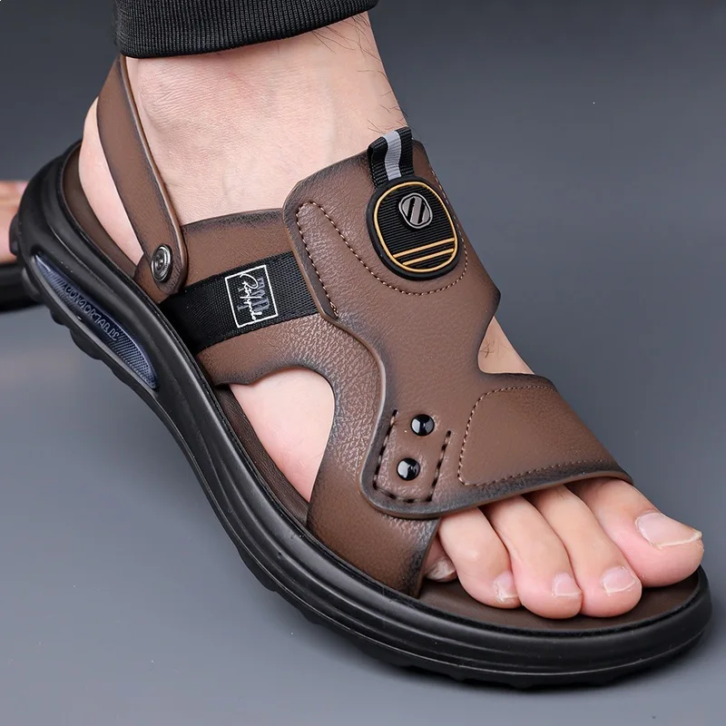 Men's Casual Breathable Leather Sandals Summer Outdoor Beach Shoes Waterproof Anti-slip Driving Slip-On Open-Toe Slipper