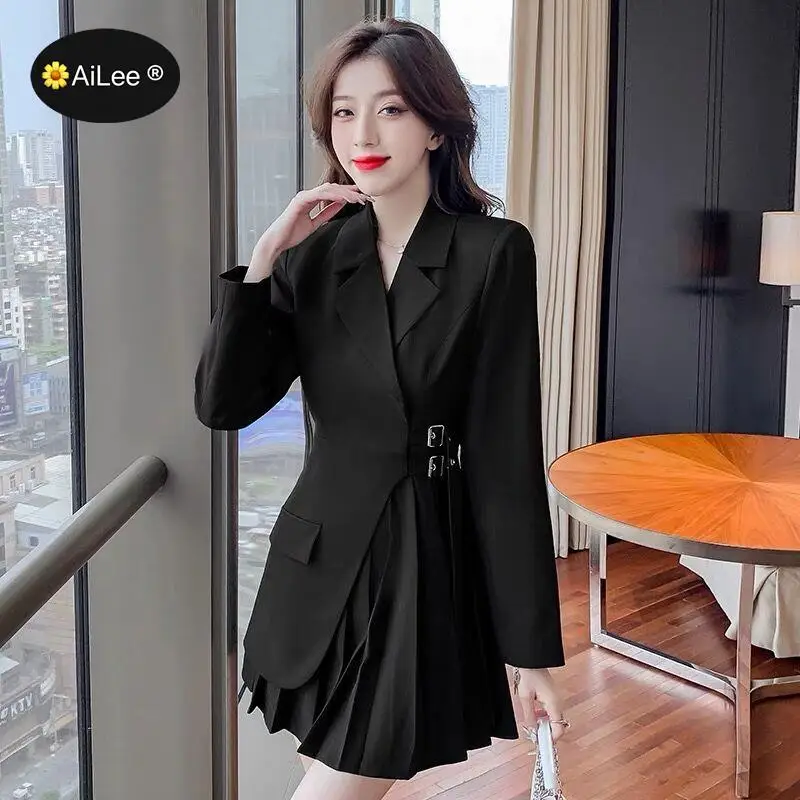 M-4XL Korean One Piece Mini Blazer Women Elegant Chic Sash Design Y2k Dress Female Winter Vintage Casual Slim Long Sleeve Dress