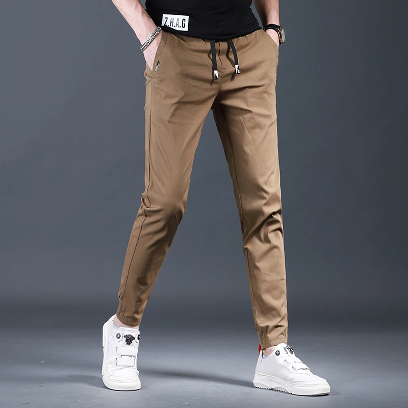 Men's Slim Fit Elastic Waist Black Pencil Pants Summer Fashion Casual Sport Drawstring Jogging Trousers