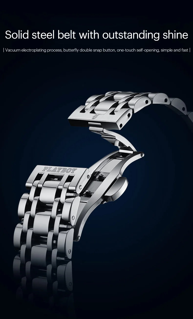 PLAYBOY 8881 Original Quarzuhren für Herren Stahlarmband Wasserdicht Leuchtend Chronograph Herrenuhren Mode Schlichte Männeruhr – Detail 18