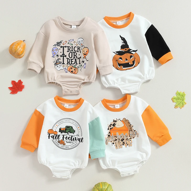 

Fashion Autumn Newborn Baby Boys Girls Halloween Rompers Clothes Ghost Pumpkin Print Long Sleeve Sweatshirts Jumpsuits Overalls
