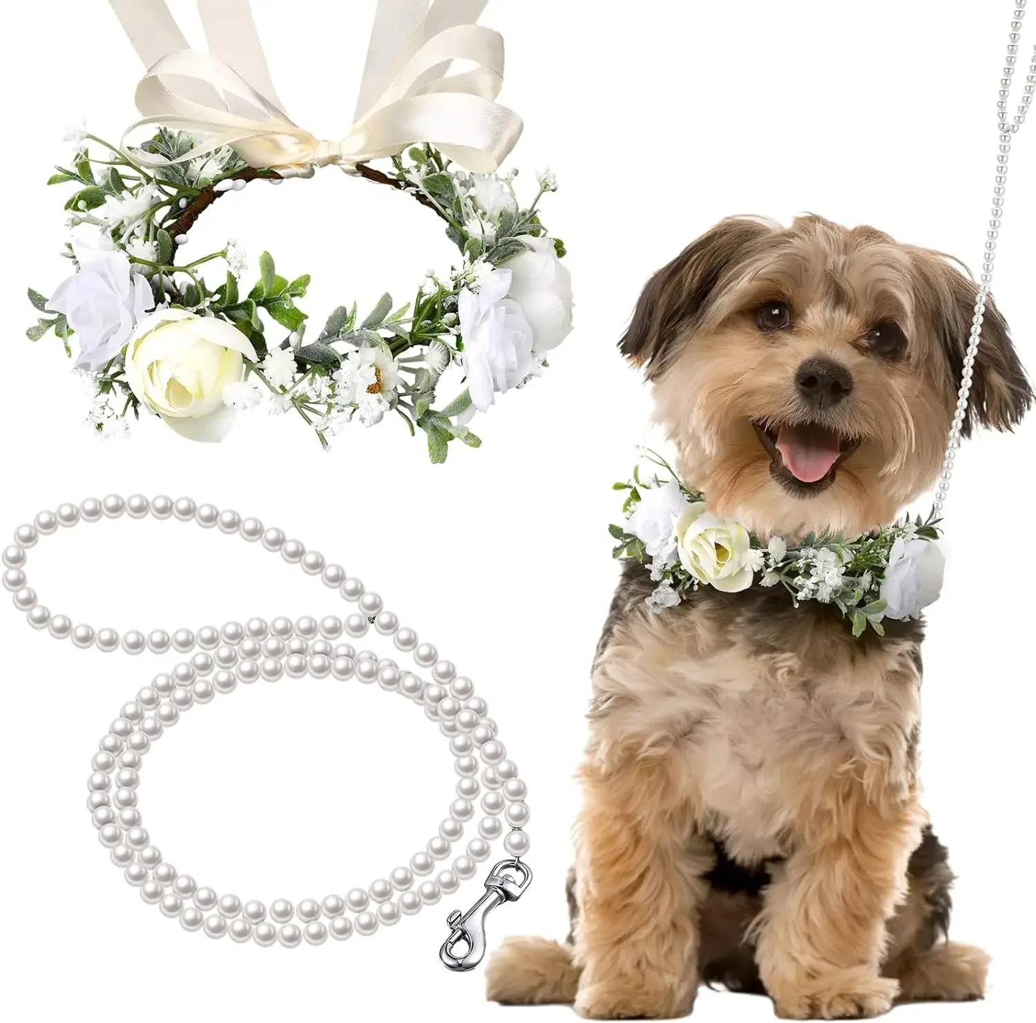 Dog Flower Collar and Leash Set for Dogs 120 cm Pearls Beaded Dog Leash Collars for Wedding Attire Wreath Pet Photo Prop dog collar pet harness leash set pet harness set pet leash set