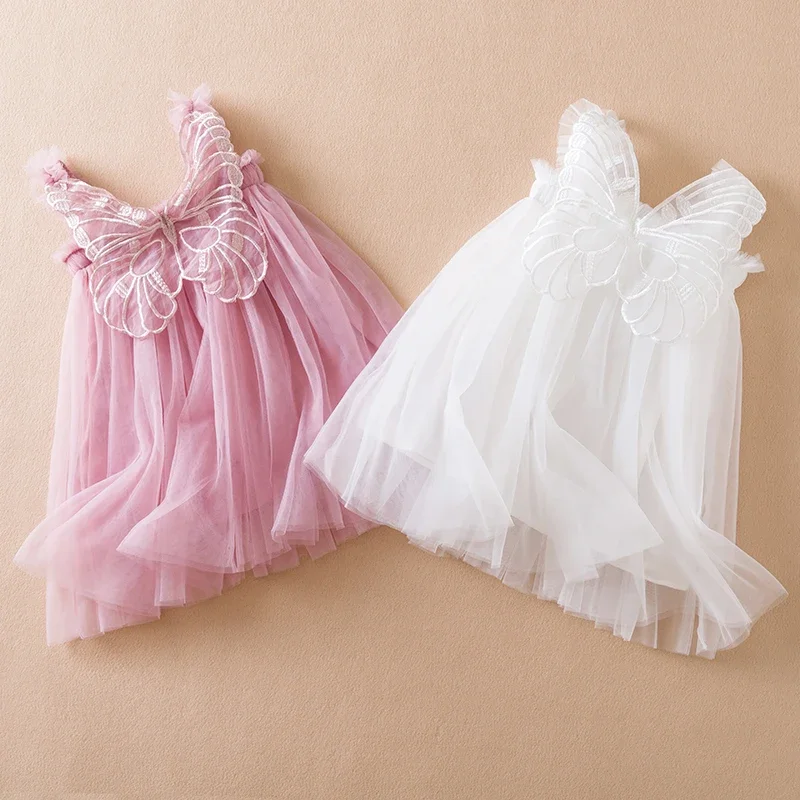 Baby Dresses 1-5 Yrs Suspender Kids Mesh Summer Dress Butterfly Wings Little Girls Birthday Cute Princess Dress