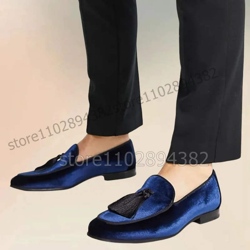 

Black Tassels Decor Blue Corduroy Men Loafers Fashion Slip On Men Shoes Luxurious Handmade Party Banquet Office Men Casual Shoes