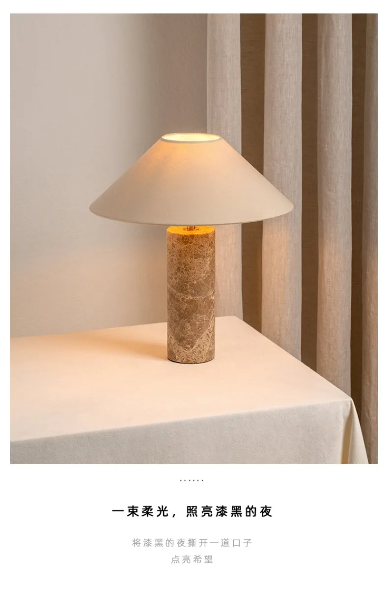 Nordic Cylindrical Marble LED Table Lamp White Fabric Lampshade Living Room Study Restaurant Bedroom Desk Lights Home Decoration