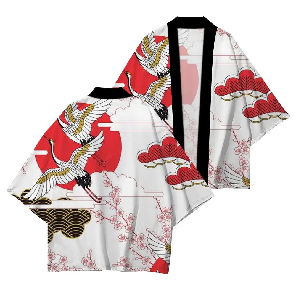 Japanese traditional clothing casual loose kimono Wave red sun pattern printed summer UV protection XXS-4XL Clothes