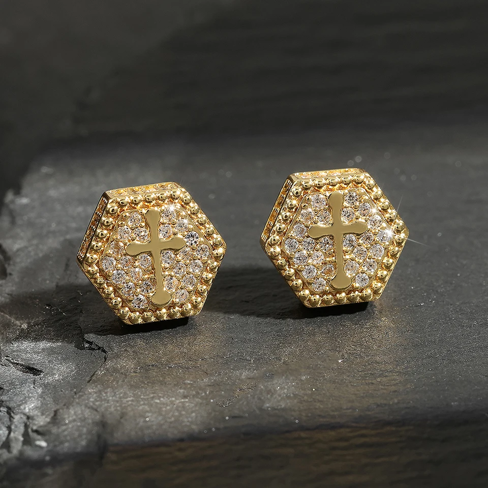 RAKOL Cross Shaped Iced Out Zircon Hip Hop Stud Earrings for Men Women Gold Color Hexagon Pierced Earring Punk Party Jewelry 5