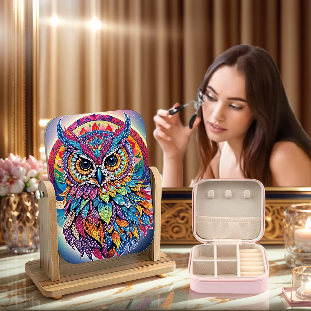 DIY Owl Diamond Painting Kit Rotatable Mirror w Diamond Painting Jewelry Box