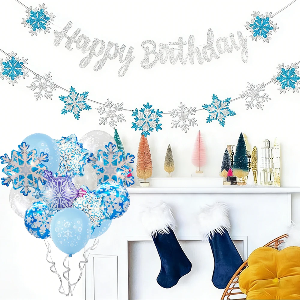 Schneeflocken-Hängedekorationen, alles Gute zum Geburtstag, Banner, Schneeflocken-Luftballons, Weihnachten, Winter, Karneval, Eis, Schnee, Thema, Partyzubehör – Detail 9