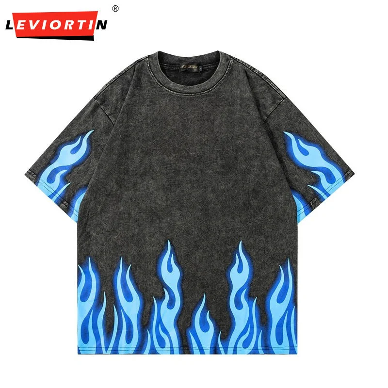 

Винтажная промытая футболка, уличная одежда, мужские футболки в стиле хип-хоп с принтом синего огня и пламени, модная повседневная футболка в стиле Харадзюку, 2024