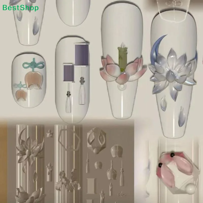 ♥ 3D 실리콘 네일 몰드 릴리프 중국 스타일 연꽃 및 태슬 디자인 매니큐어 템..