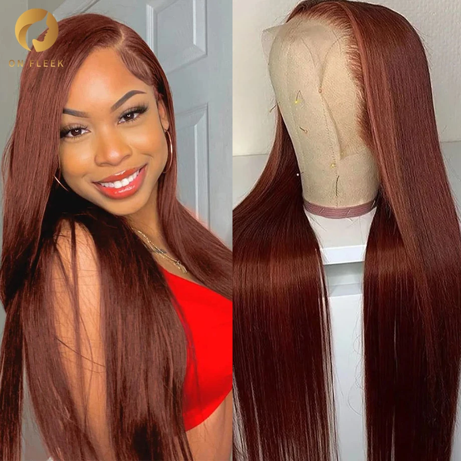 

Reddish Brown Lace Front Human Hair Pre Plucked Dark Red Brown Bone Straight 13x4 13x6 HD Lace frontal Wig 4x4 Lace Closure Wig