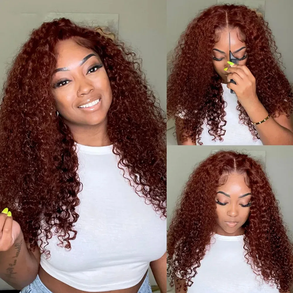 Reddish Brown Kinky Curly Wig 13x4 Lace Frontal Wig Human Hair Dark Brown Copper Red PrePlucked HD Frontal Wigs Glueless