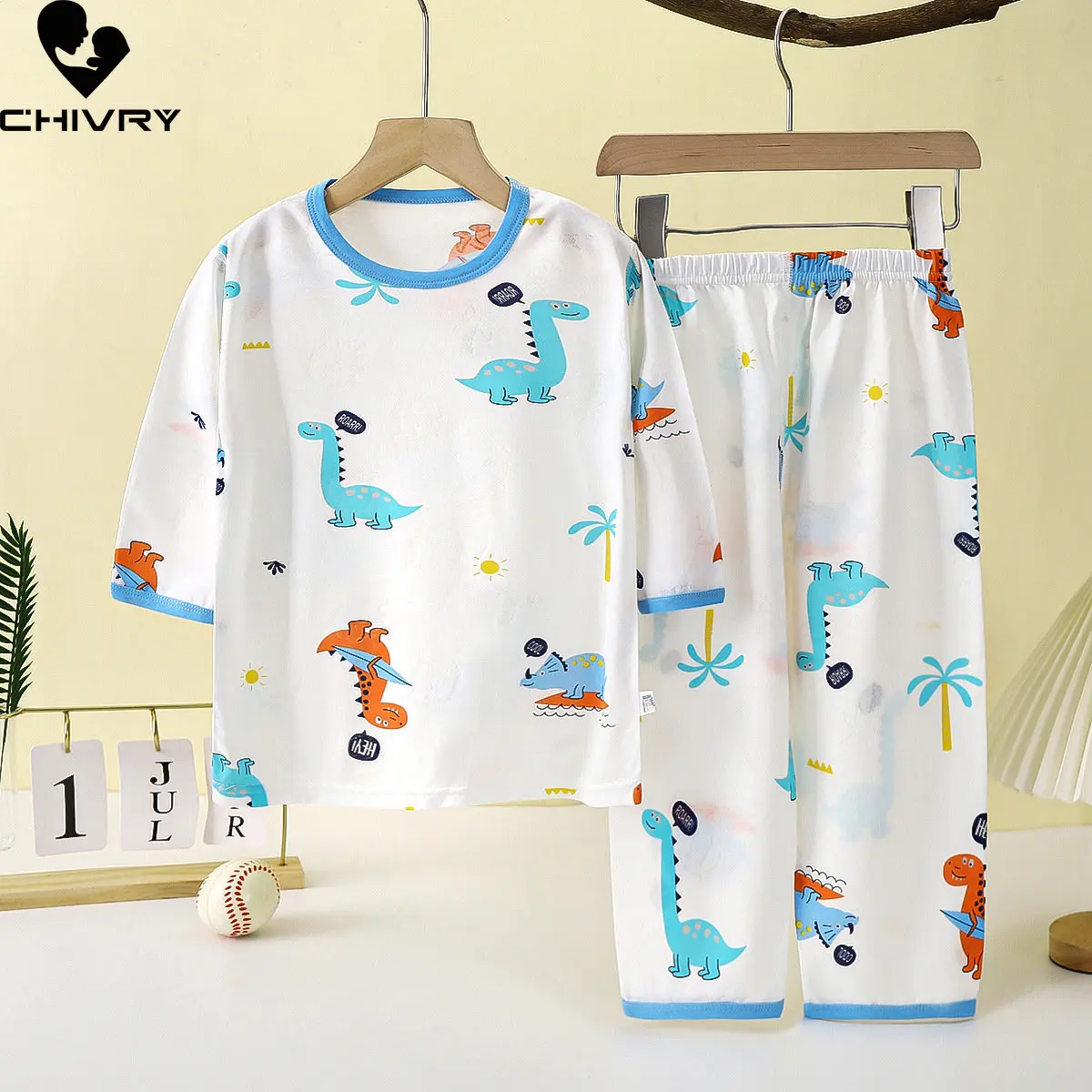 

New 2023 Kids Boys Girls Summer Thin Pajamas Sets Cartoon Three-quarter Sleeve O-Neck T-Shirt Tops with Pants Baby Boy Sleepwear