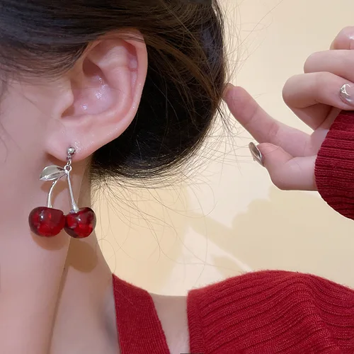 여성용 긴 귀 네일 귀걸이, 블랙 애니메이션 귀걸이, 파티 쥬얼리, 달콤한 빨간색, 투명 체리 과일 패션, 신상 4