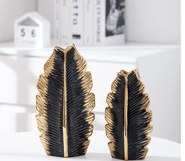 2Pcs/Nordic black gold plating leaf ceramic vase Modern simple household TV cabinet decoration vase 6
