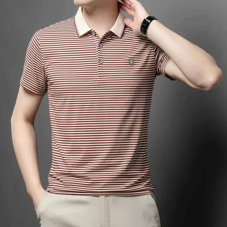 

Men's New Summer POLO Shirt Lapel Short Sleeved Business Casual T Shirt Personality Stripe Tops