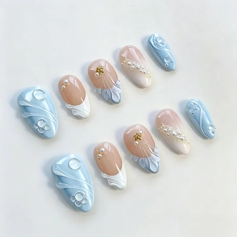 30개입 여름 바다 스타일 시원한 3D 프렌치 팁 고품질 붙이는 네일, 소녀와 친구를 위한 선물로 완벽