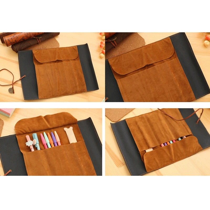 Creative Roll Up Leather Pencil Pirate Treasure Map Pattern Pen Case Makeup Brushes Holder for School Work Office H8WD 6