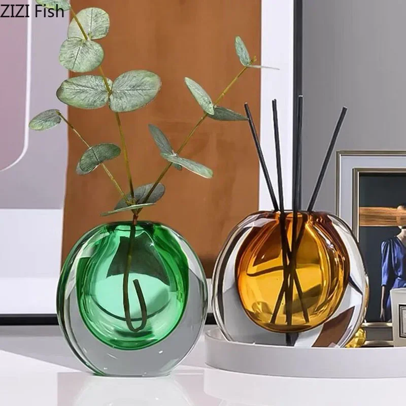 Dual Color Transparent Glass Vase Artificial Flower Decorative Flowers Pots Desk Decoration Floral Arrangement Modern Home Decor