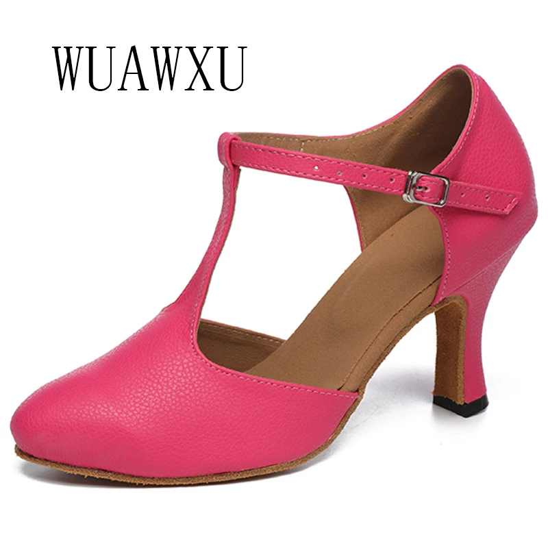 NATASHA Dance Shoes Women Adult Genuine Leather White/Rose 8CM Medium High Heels Indoor Soft Sole Square Dance National Standard