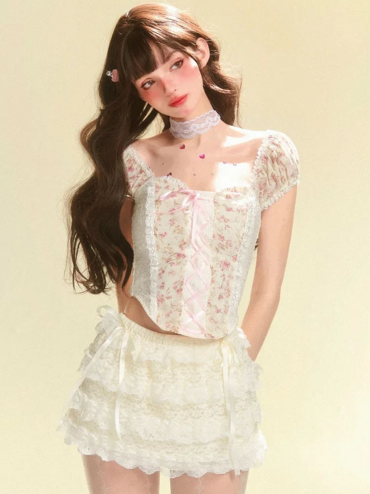 ADAgirl Kawaii Beige Mini Skirts for Women Lace Patchwork Ruffled Elastic Waist Cake Skirt Summer Lolita Style A-line Skirt Girl