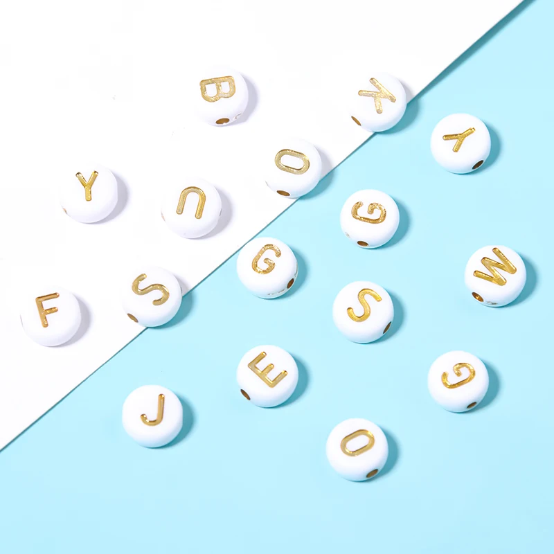 Acrylic Beads 7mm Flat Round Alphabet Gold Letter 100Pcs